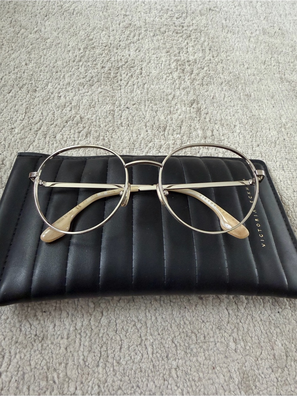 Victoria Beckham Gold Round Glasses with Beige Temples